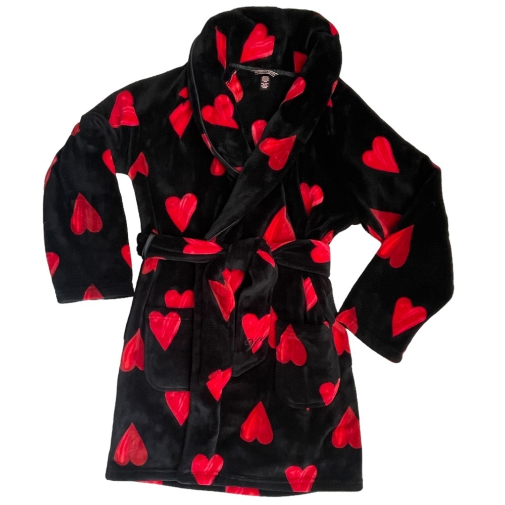 Victorias Secret Robe XS /S Black Red Short Length Plush Velour Hearts Valentine